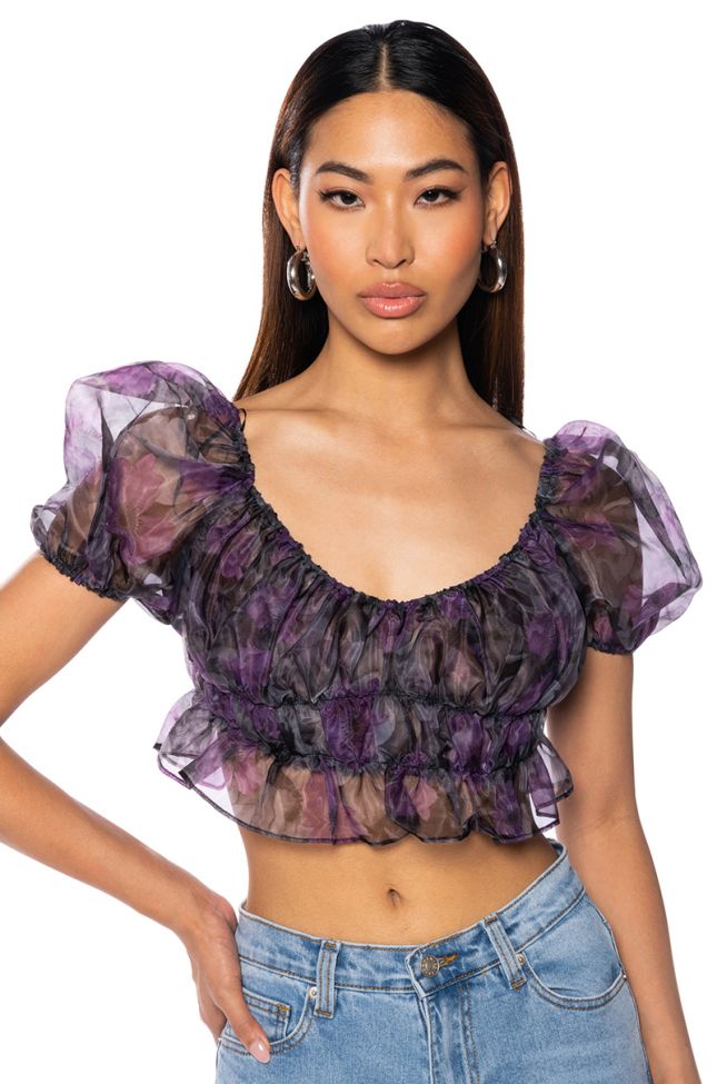 Front View Rain Printed Organza Ruched Crop Blouse