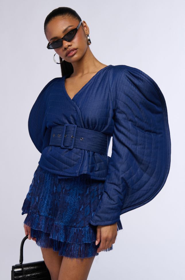 Front View Raina Dramatic Sleeve Belted Blouse