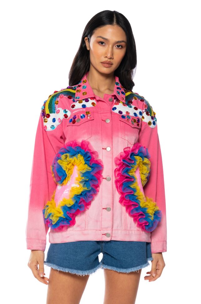 Front View Rainbow Road Embellished Ombre Denim Jacket