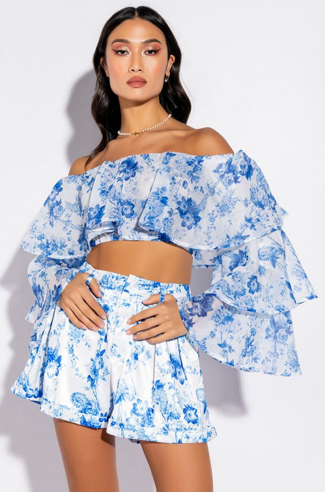 RAISE A GLASS RUFFLE SLEEVE CROPPED OFF THE SHOULDER BLOUSE