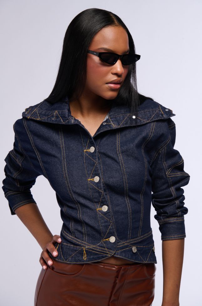 Front View Raw Denim Collared Jacket