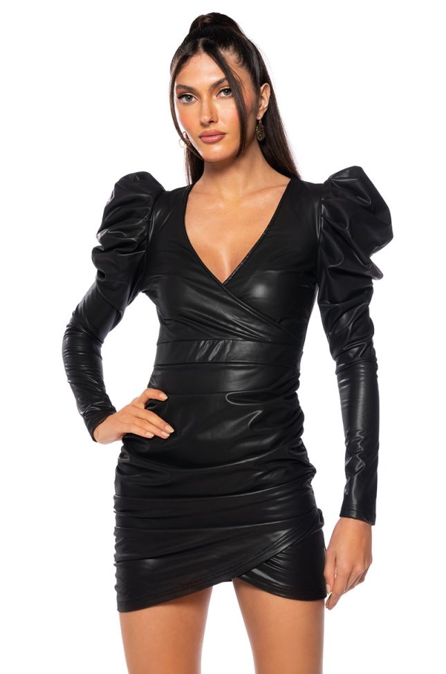 Front View Ready For It Long Sleeve Faux Leather Mini Dress
