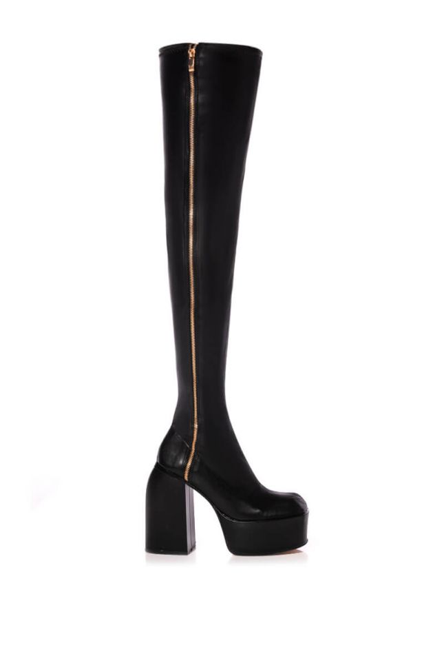 Side View Ready To Mingle Over The Knee Pu Chunky Boot In Black