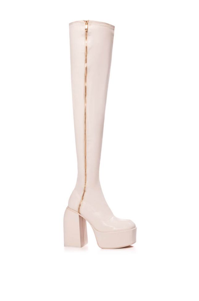 READY TO MINGLE OVER THE KNEE PU CHUNKY PLATFORM BOOT IN CREAM