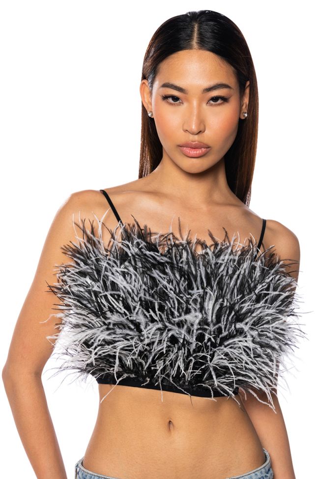 REAL OSTRICH FEATHER CROP MESH BANDEAU IN BLACK WHITE