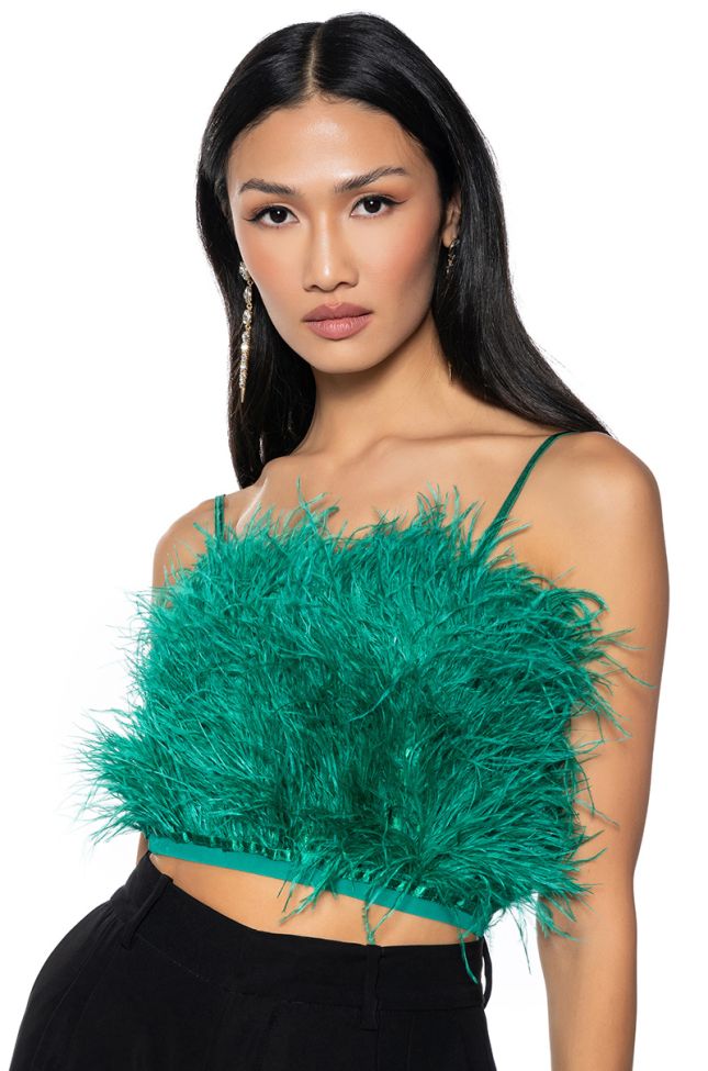 Front View Real Ostrich Feather Crop Top In Emerald