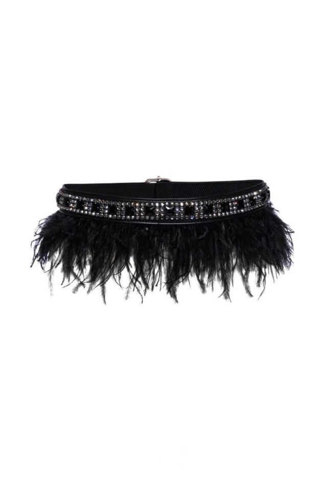 Back View Real Ostrich Feather Embellished Stretch Belt