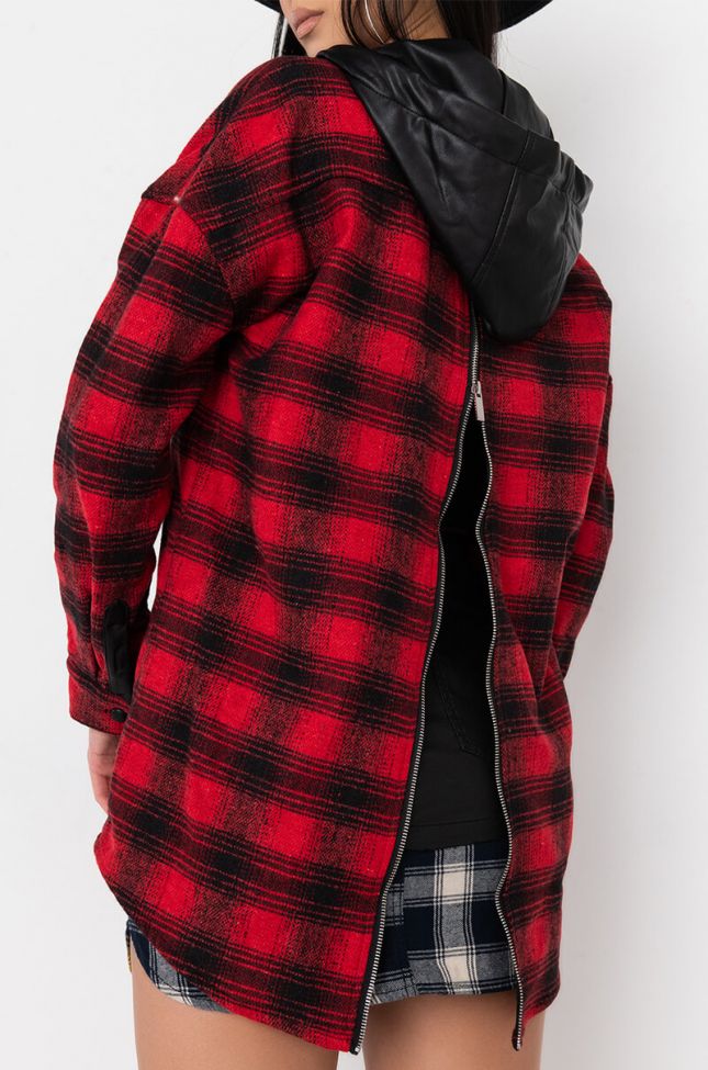 Front View Red Plaid Jacket With Pu Hood