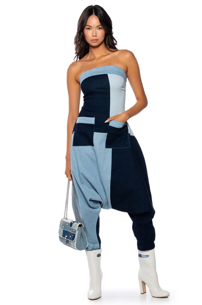 Front View Reina Patchwork Denim Relaxed Fit Jumpsuit