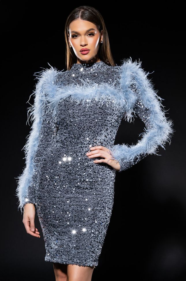 RESOLUTIONS SEQUIN FEATHER TRIM LONG SLEEVE MIDI DRESS