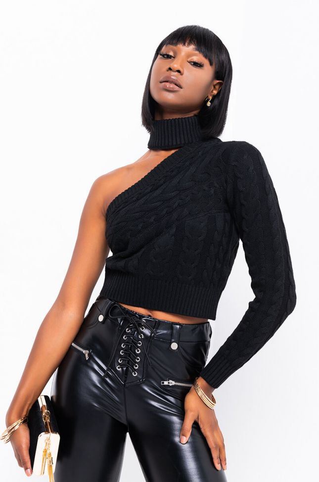 Front View Rhi One Shoulder Sweater in Black