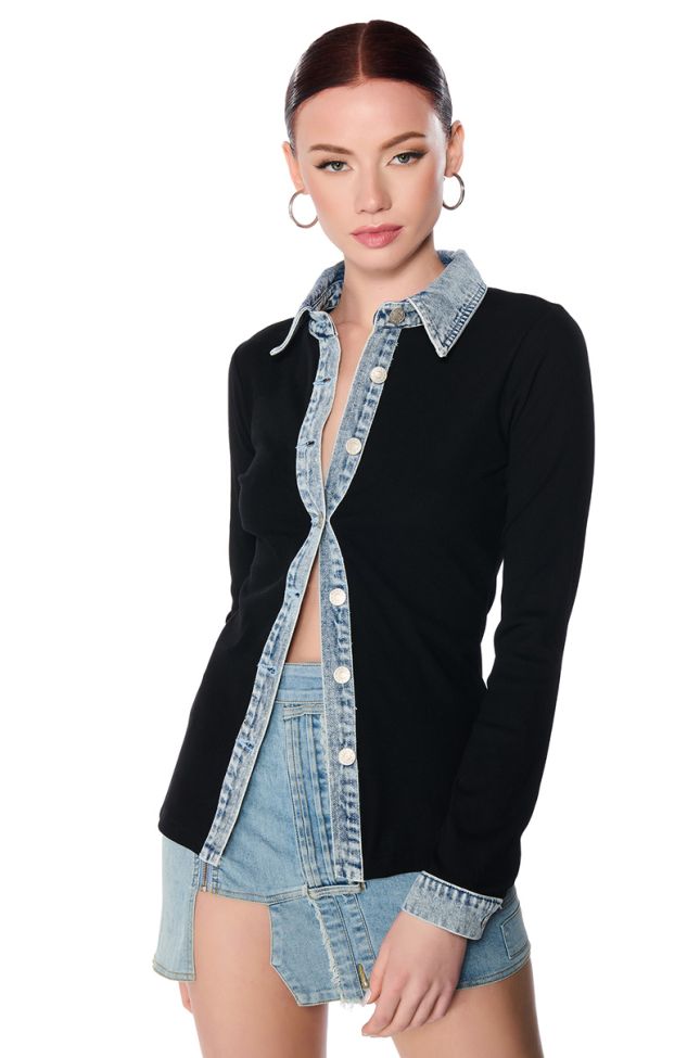 Front View Rib Knit Denim Trim Button Down Collared Shirt In Black