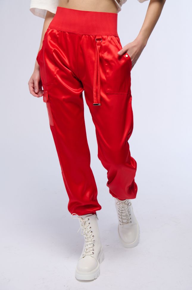 Front View Rich Girl Energy Satin High Waist Jogger Pant