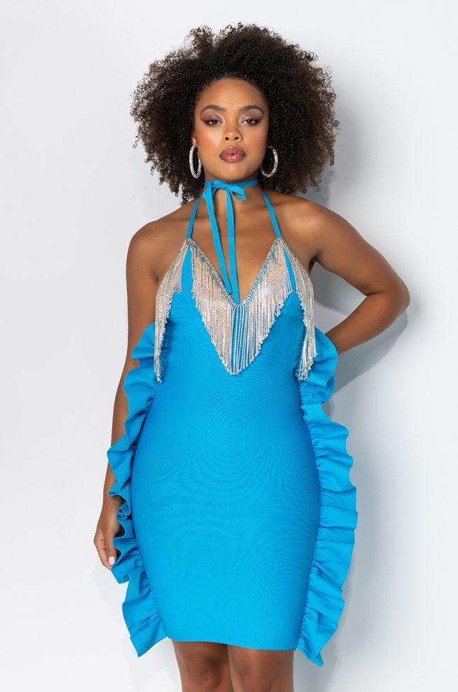 Front View Riches On Riches Rhinestone Detail Midi Dress in Blue