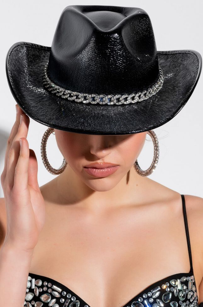 Front View Ride My Pony Pave Chain Black Cowboy Hat