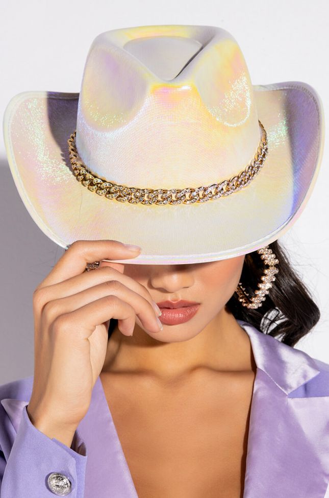 Front View Ride My Pony Pave Chain White Cowboy Hat