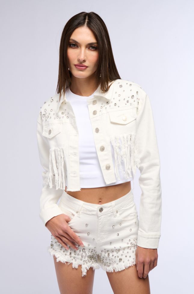 Front View Rilee Embellished Denim Crop Jacket In White