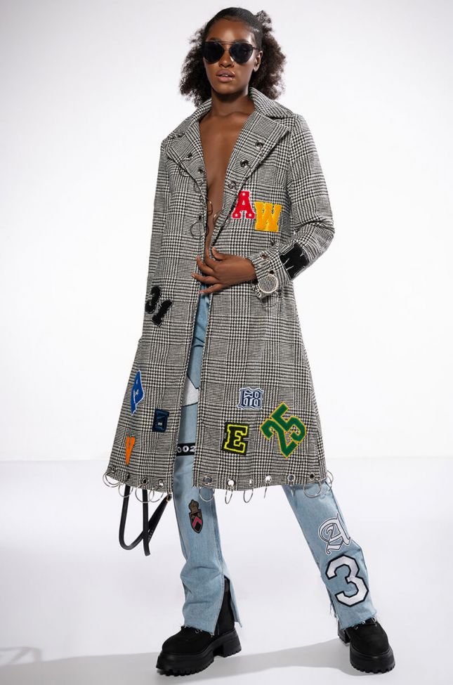 Side View Ringo Houndstooth Plaid Patchwork Trench