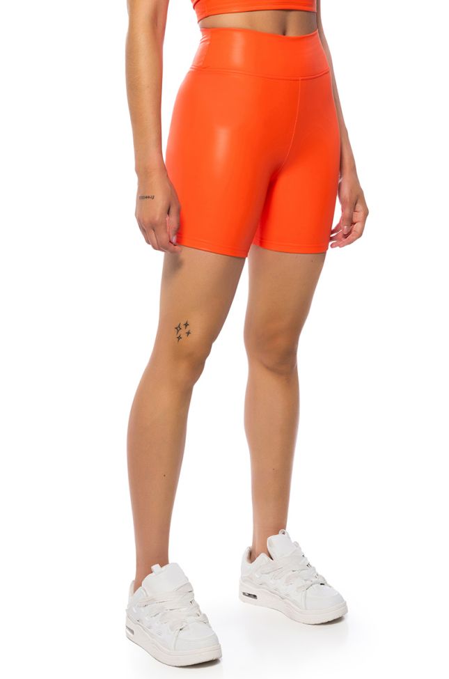Front View Rio Faux Leather Biker Short With 4 Way Stretch In Orange
