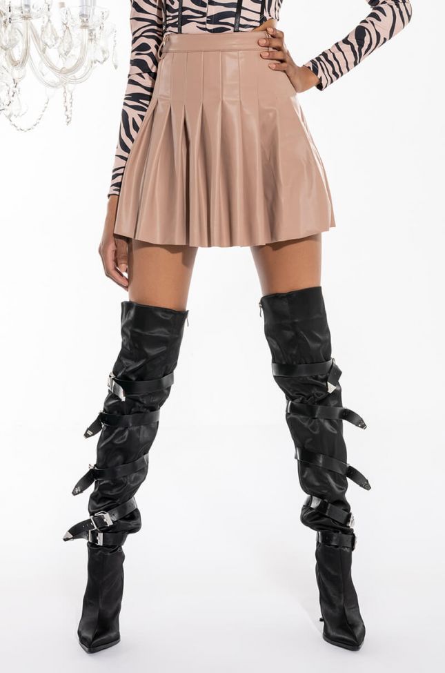 Front View Rio Pleated Faux Leather Mini Skirt