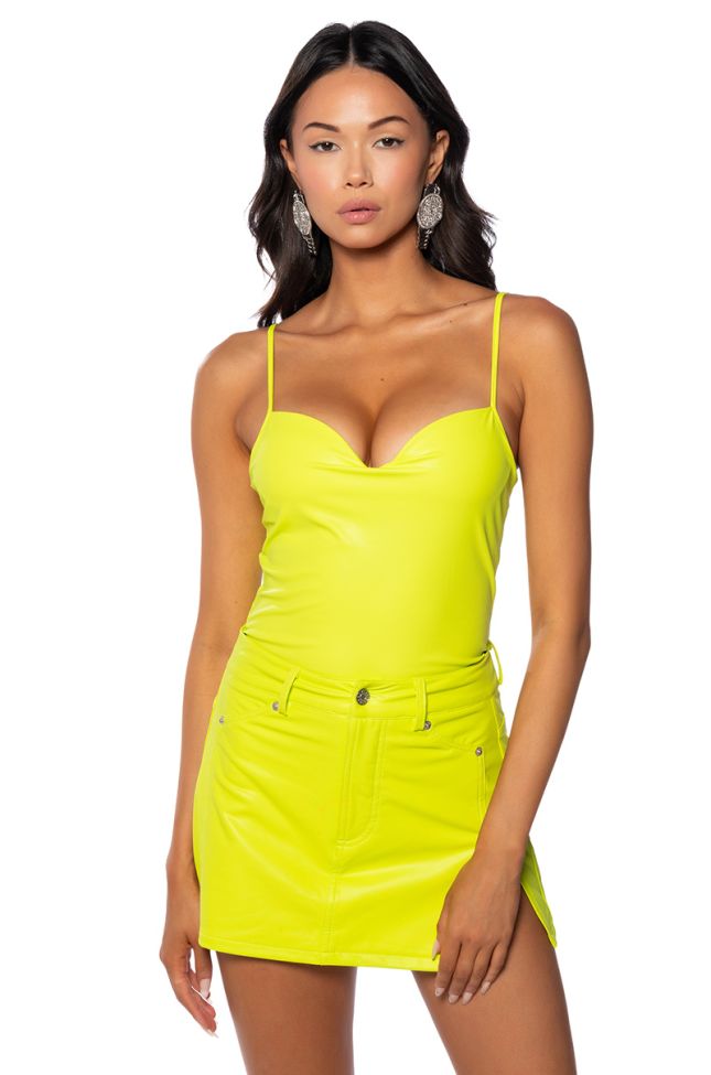 Front View Rio Sweetheart Neck Faux Leather Bodysuit In Yellow