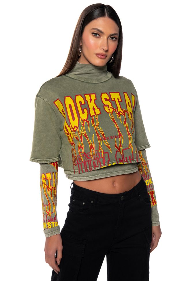 Front View Rock Star Graphic Layered Turtleneck Top In Olive