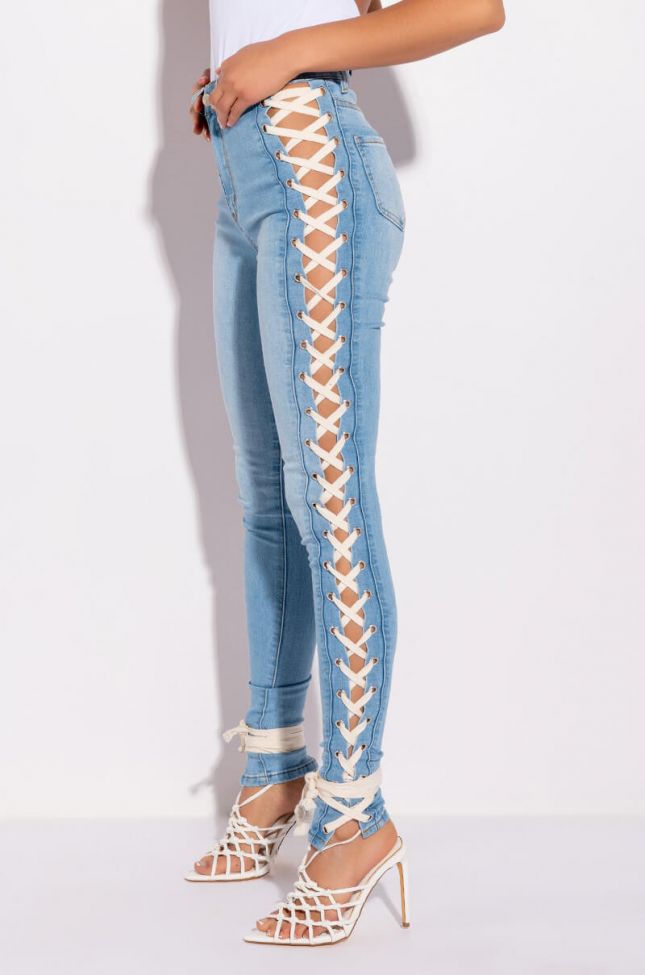 Side View Rock The Runway Lace Up Skinny Jeans