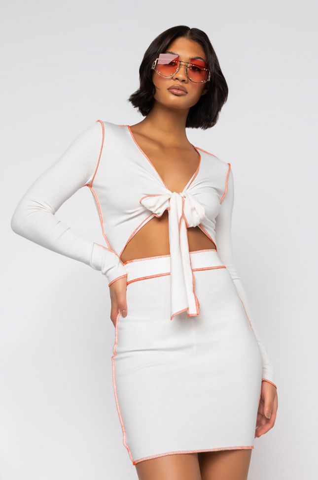 Front View Roll Through Ribbed Tie Front Crop Top in White