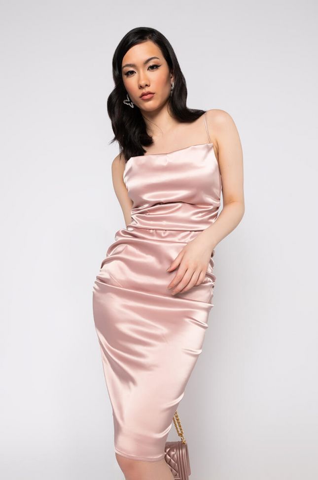 Front View Romance Forever Stretch Satin Midi Dress in Mauve