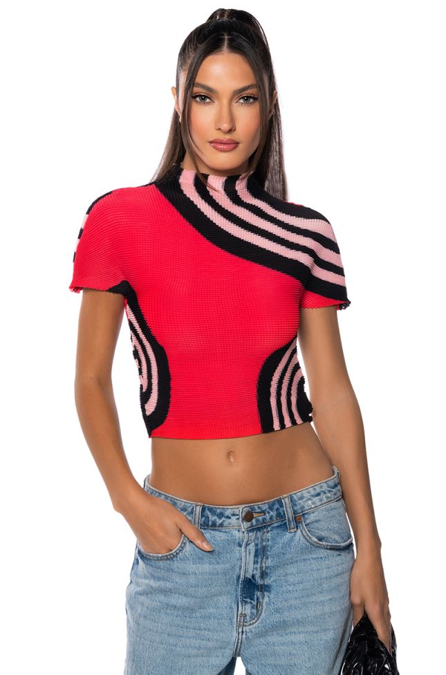 Front View Romanticize Me Pleated Knit Mock Neck Top In Pink Multi