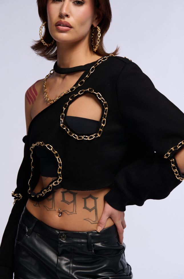 Front View Romy Cut Out Chain Detail Cropped Sweatshirt