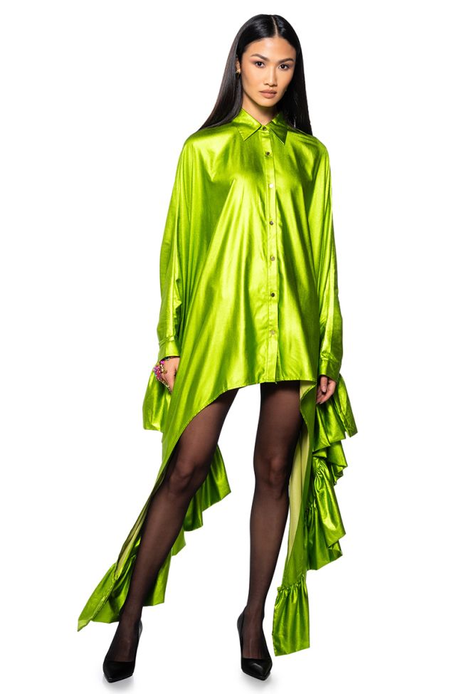 Front View Ronni Button Down Shirt Dress In Green