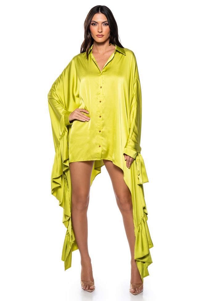 Front View Ronni Button Down Shirt Dress In Lime