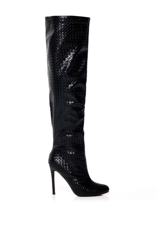 Side View Ronnie Weaved Thigh High Boot In Black