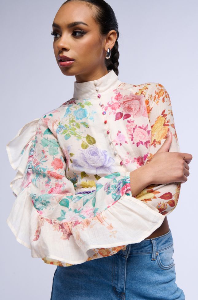 Side View Rose Printed Linen Blouse