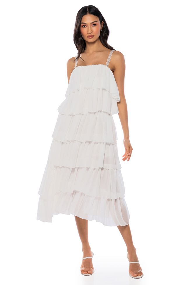 Front View Rose Tiered Sleeveless Maxi Dress In White