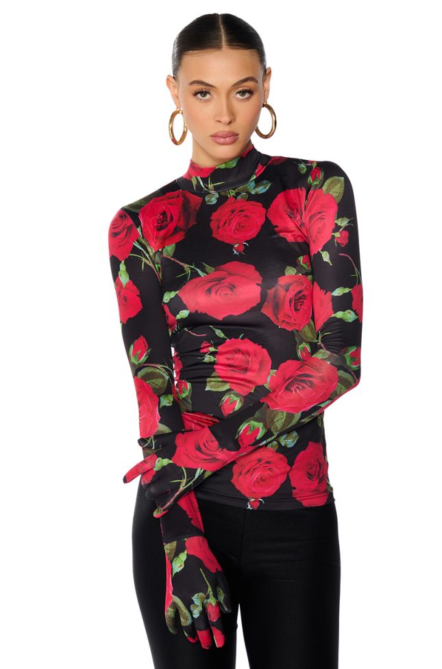 Front View Roses Are Red Gloved Mock Neck Top