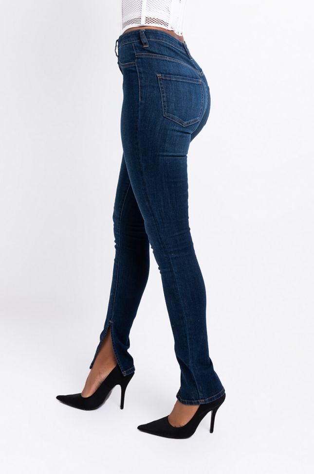 Side View Ruby High Rise Skinny Jeans in Dark Blue Denim