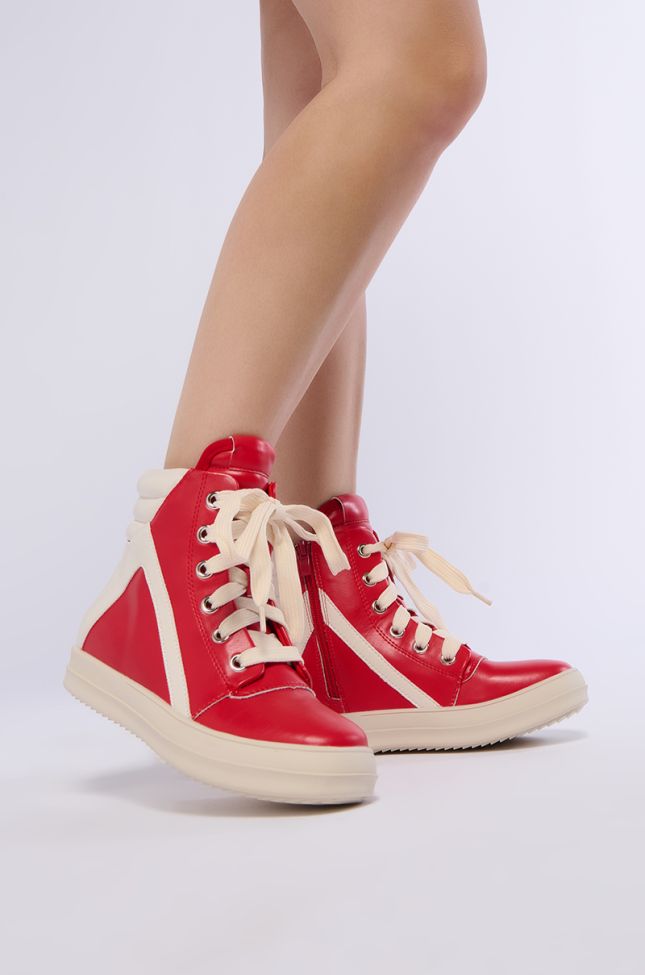 Front View Ruby High Top Sneaker In Red