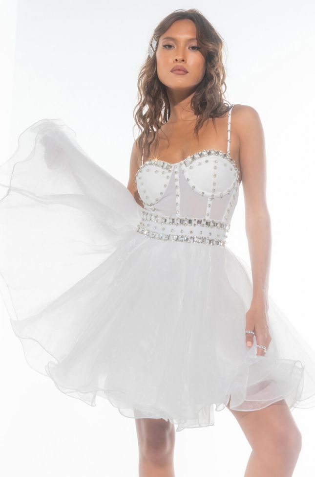 Front View Ruby Mini Tulle Dress With Rhinestone Corset