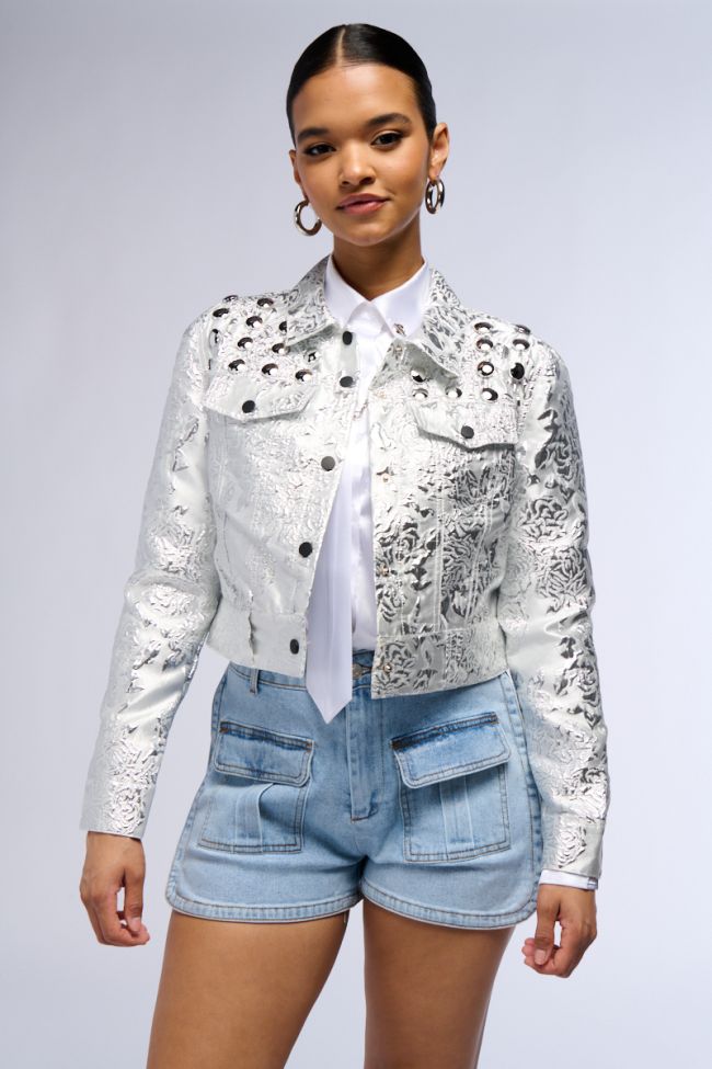 Front View Rue Brocade Printed Silver Bomber