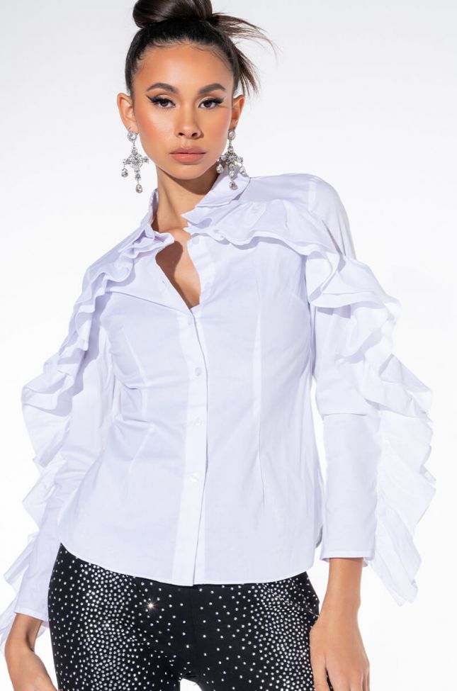RUFFLE MY FEATHERS RUFFLE SLEEVE BUTTON DOWN BLOUSE