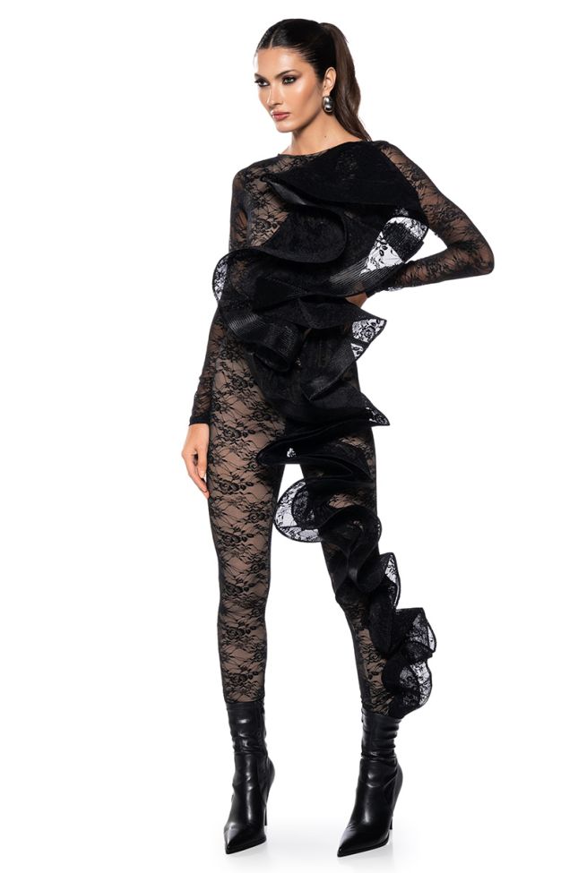Front View Ruffled Lace Catsuit