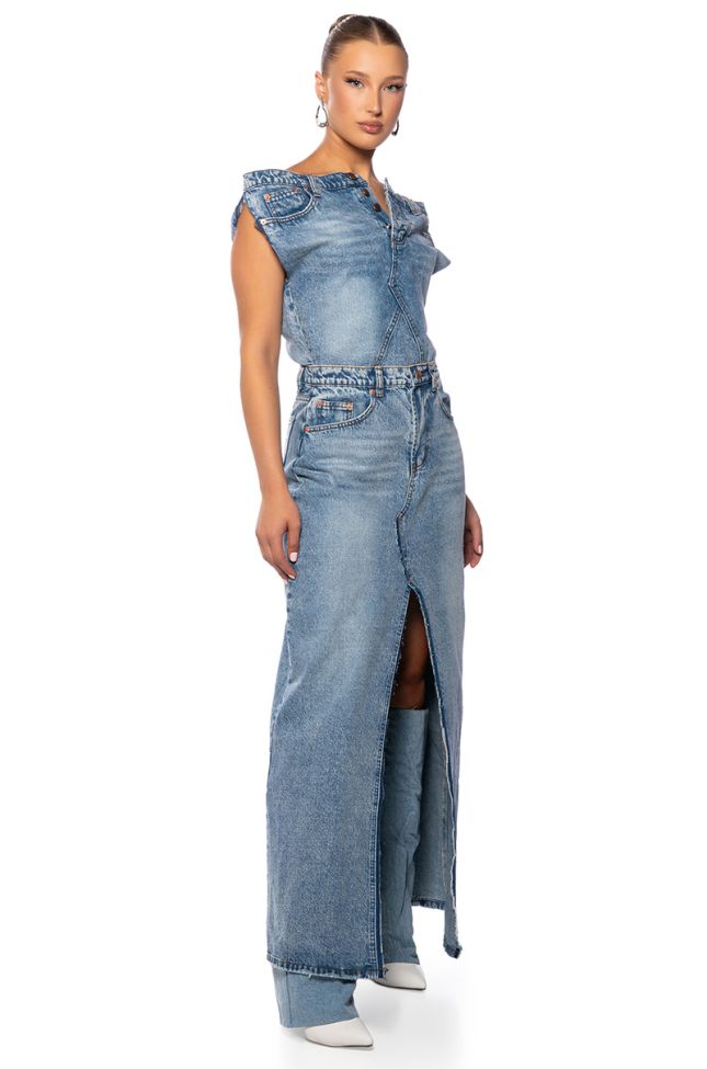 Front View Rule The World Denim Maxi Dress