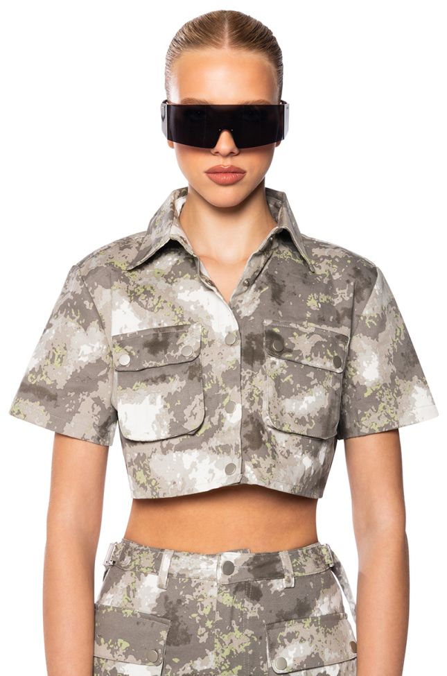 Front View Run The World Camo Cropped Button Down