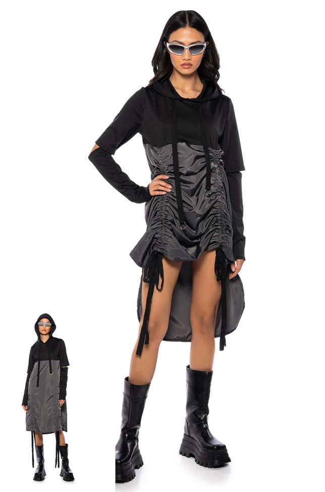 Front View Running Around Cinched Hoodie Dress In Black