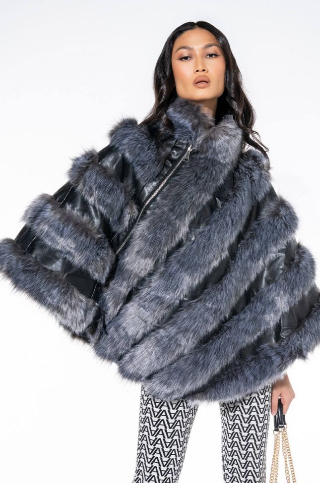 Front View Runway Moto Poncho With Faux Fur