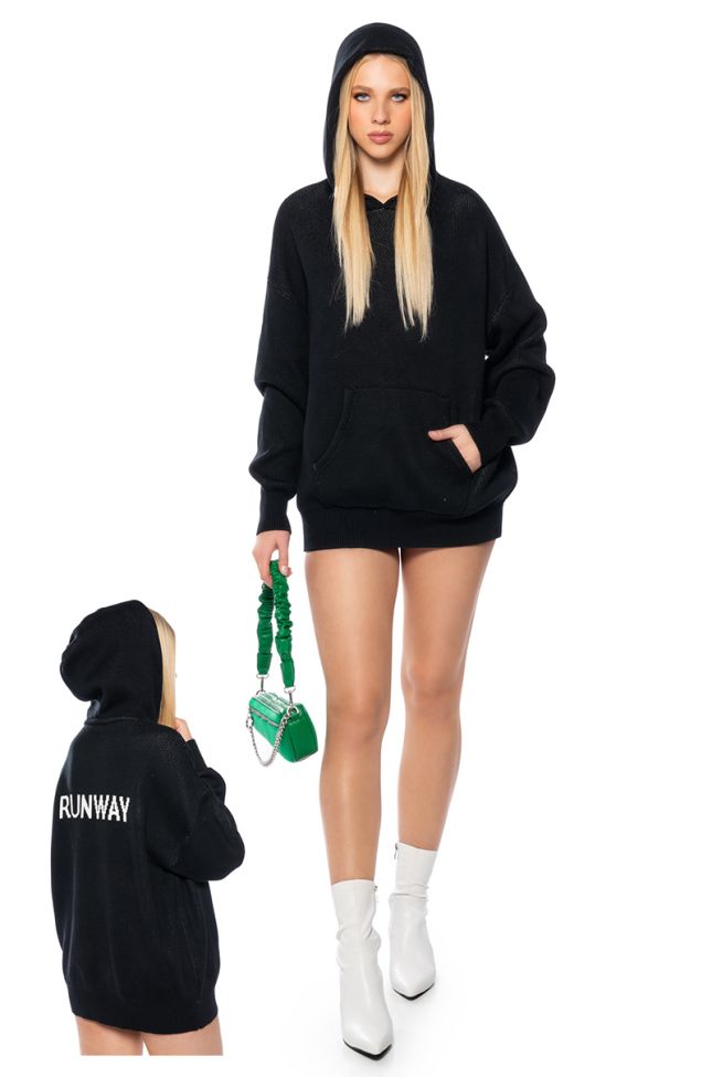 Front View Runway Oversized Hooded Sweater In Black