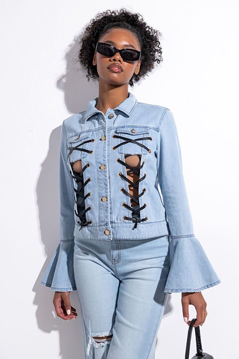 Front View Ryley Lace Up Denim Bell Sleeve Jacket