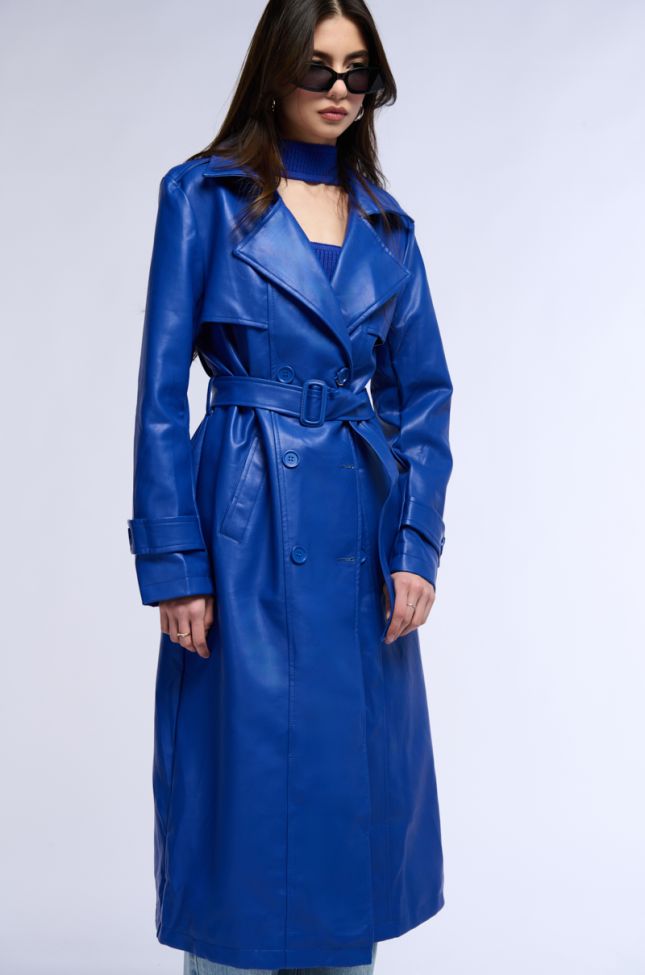 Side View Sando Blue Pu Trench Coat